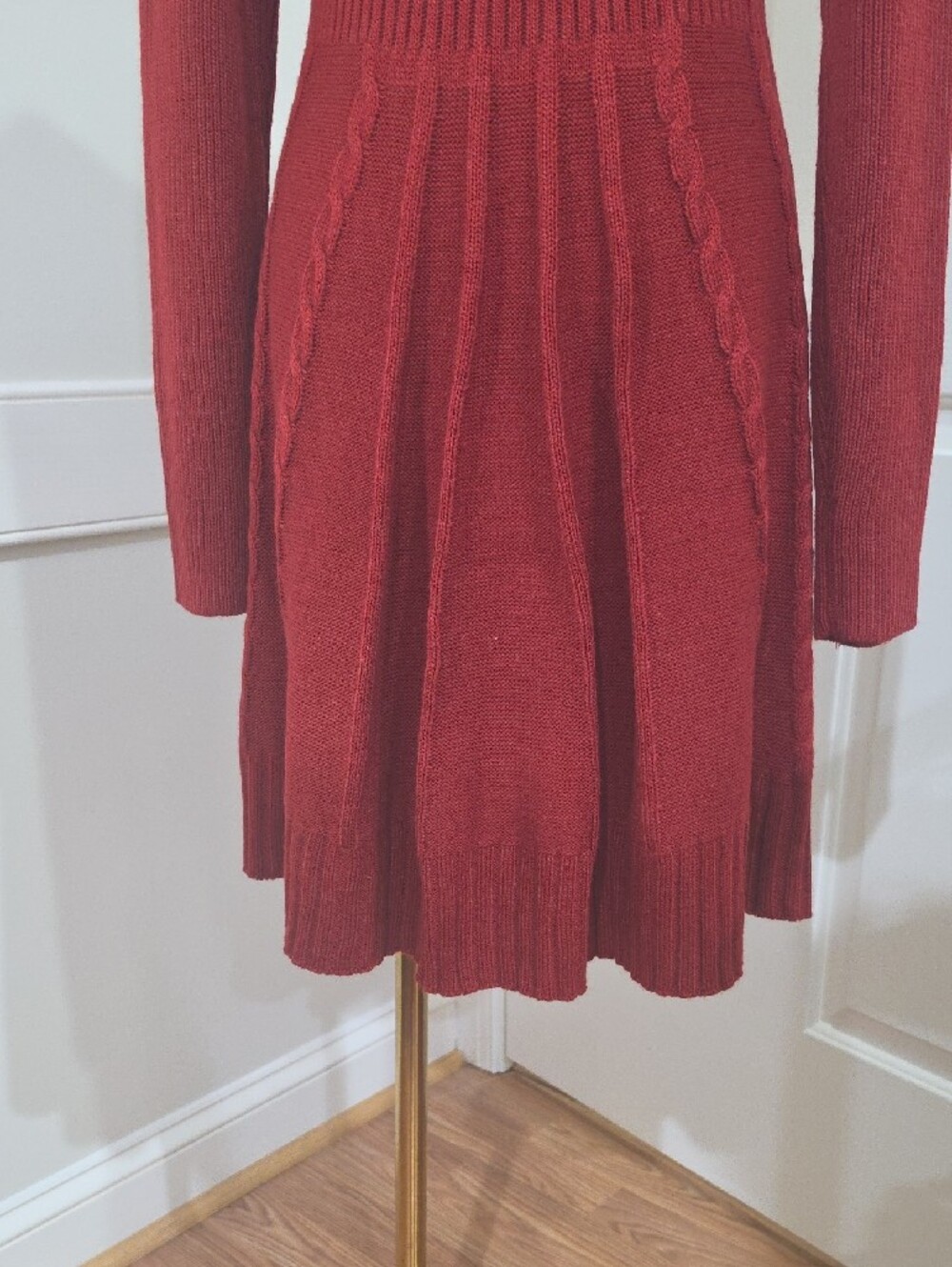 Maisolly Claret Red Cable Knit Fit & Flare Long Sleeve Sweater Dress - Size M - Picture 6 of 8